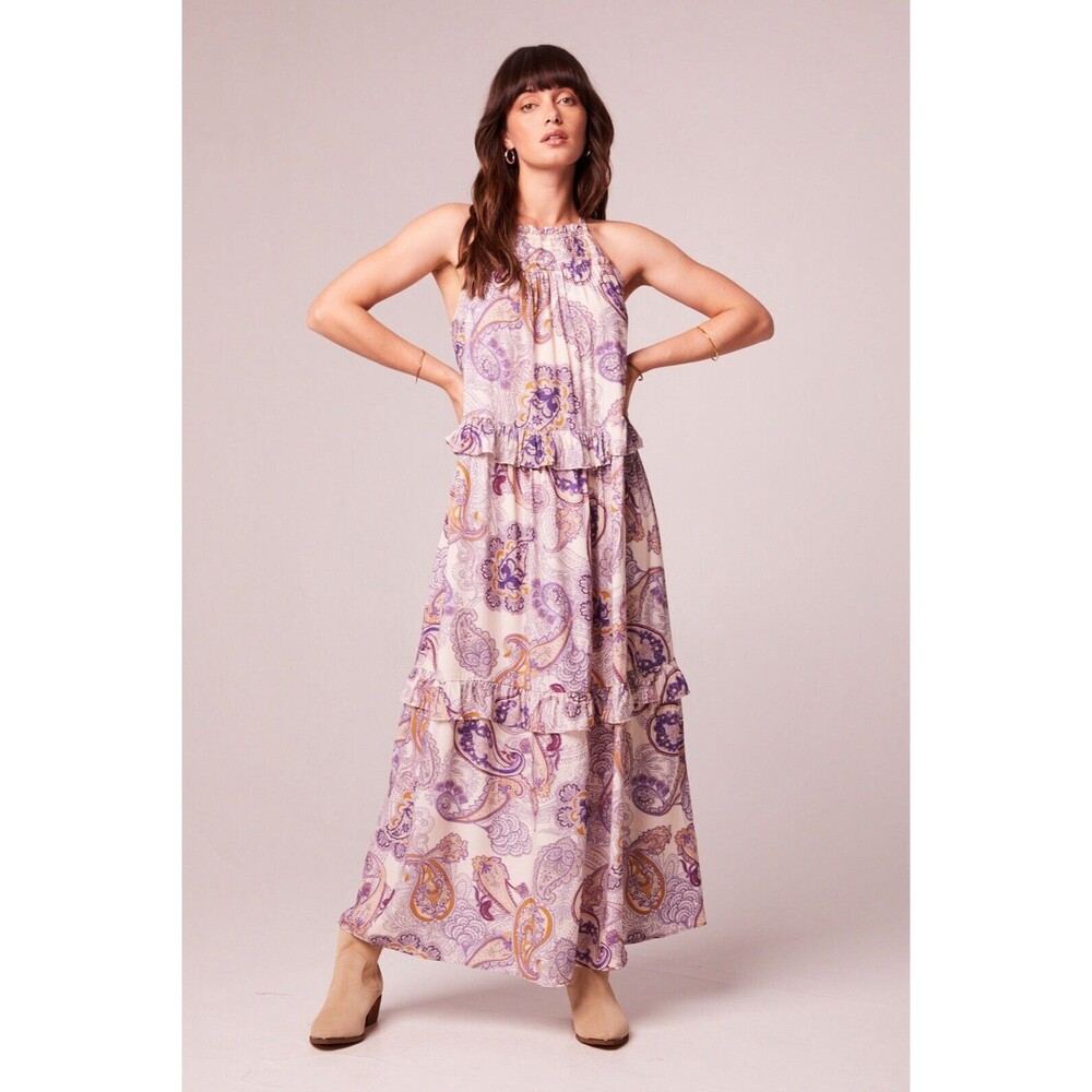 Band of the Free Liliane Paisley Maxi‎ Dress Cream Purple Tiered Size M NWT
